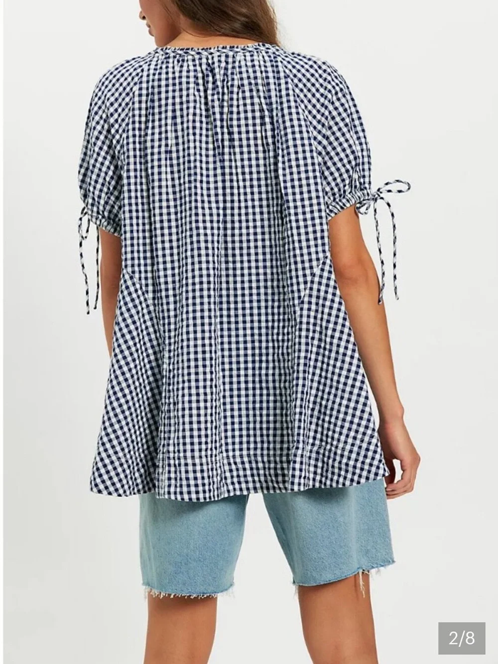Free People Size XL Navy & White Gingham Tie-Sleeve Peasant Blouse NWT